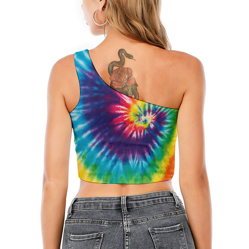 Rainbow Tie Dye Print One Shoulder Crop Top