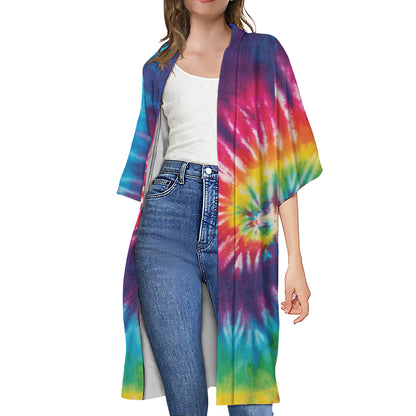 Rainbow Tie Dye Print Open Front Beach Cover Up