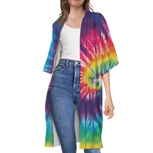 Rainbow Tie Dye Print Open Front Beach Cover Up