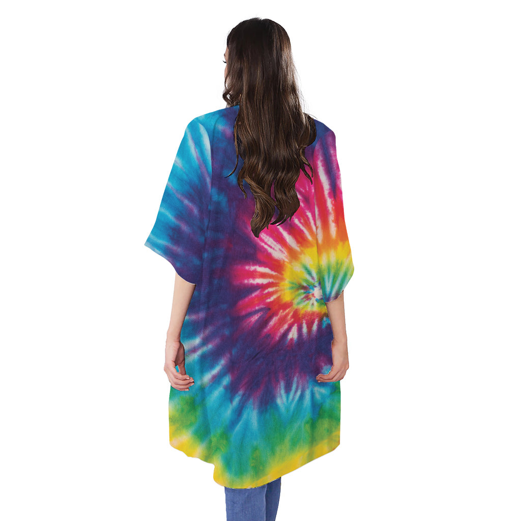 Rainbow Tie Dye Print Open Front Beach Cover Up