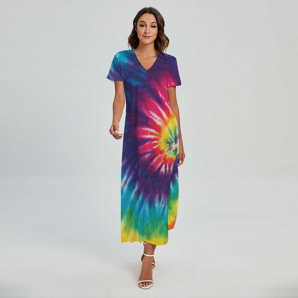 Rainbow Tie Dye Print Short Sleeve Maxi Dress