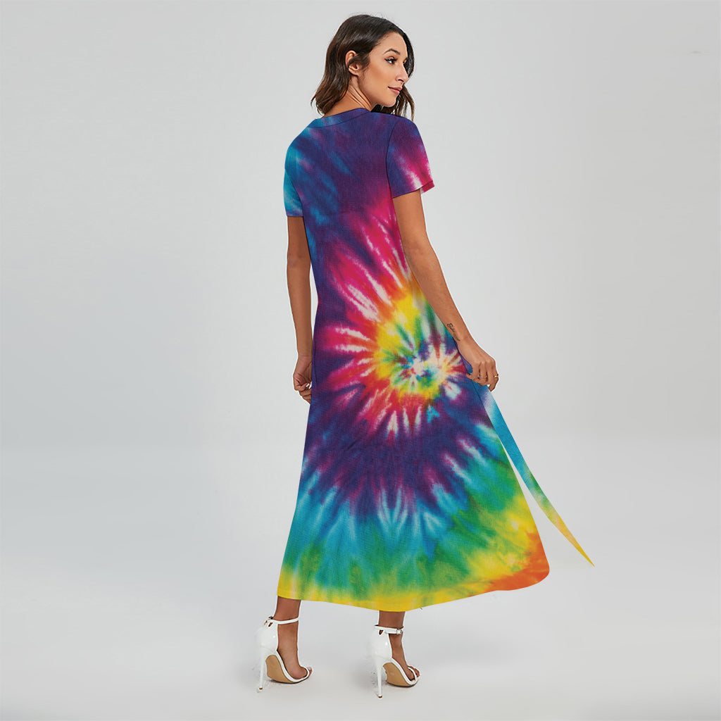 Rainbow Tie Dye Print Short Sleeve Maxi Dress