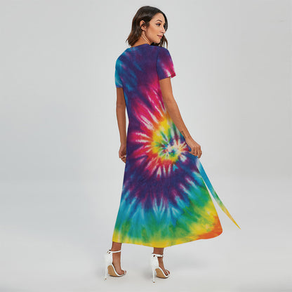 Rainbow Tie Dye Print Short Sleeve Maxi Dress