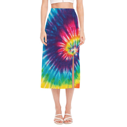 Rainbow Tie Dye Print Side Slit Midi Skirt