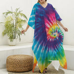 Rainbow Tie Dye Print Silk V-Neck Kaftan Dress
