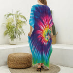 Rainbow Tie Dye Print Silk V-Neck Kaftan Dress