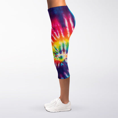 Rainbow Tie Dye Print Women's Capri Leggings