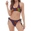 Rainbow Torus Psychedelic Print Halter Scoop Tie Side Bikini