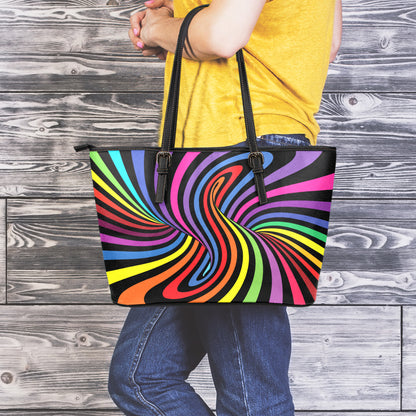 Rainbow Torus Psychedelic Print Leather Tote Bag