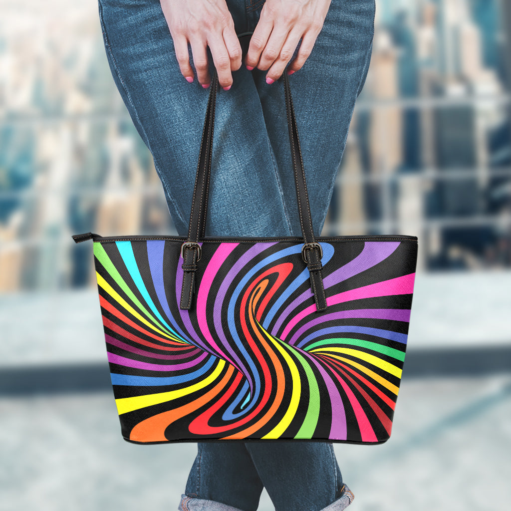 Rainbow Torus Psychedelic Print Leather Tote Bag