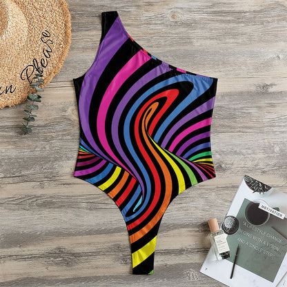 Rainbow Torus Psychedelic Print One Shoulder Bodysuit