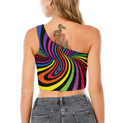 Rainbow Torus Psychedelic Print One Shoulder Crop Top