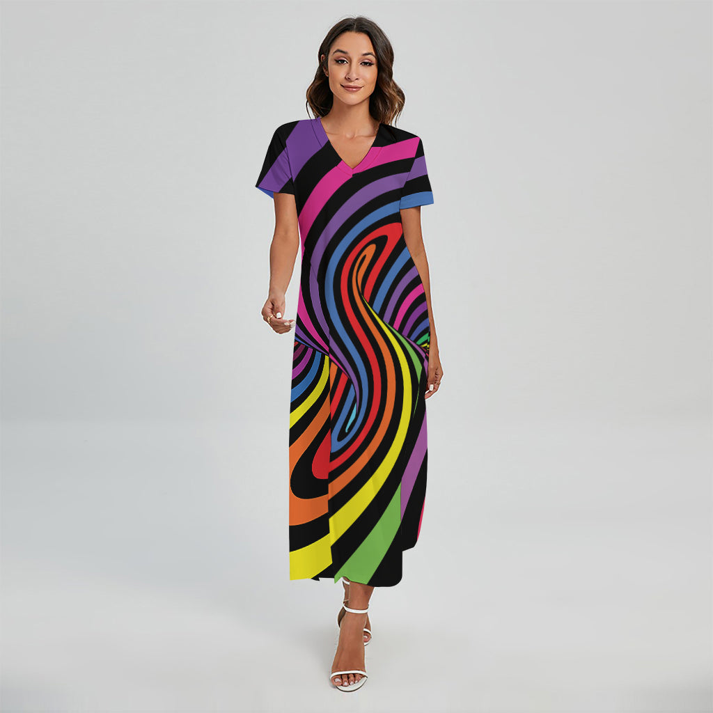 Rainbow Torus Psychedelic Print Short Sleeve Maxi Dress