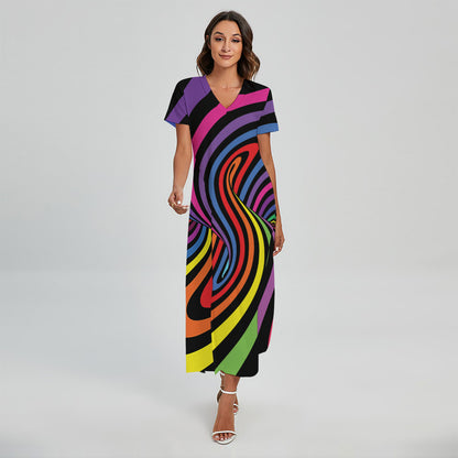 Rainbow Torus Psychedelic Print Short Sleeve Maxi Dress