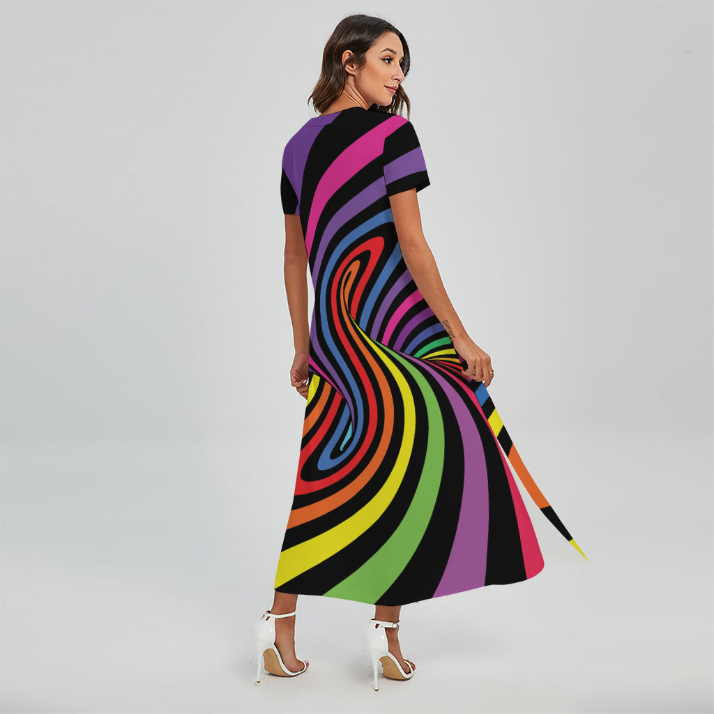 Rainbow Torus Psychedelic Print Short Sleeve Maxi Dress