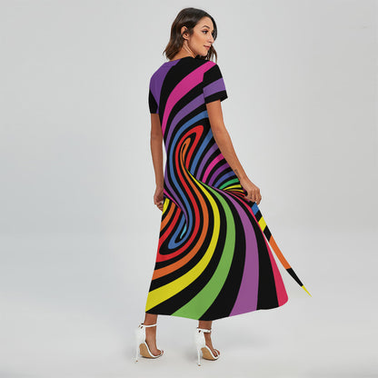 Rainbow Torus Psychedelic Print Short Sleeve Maxi Dress