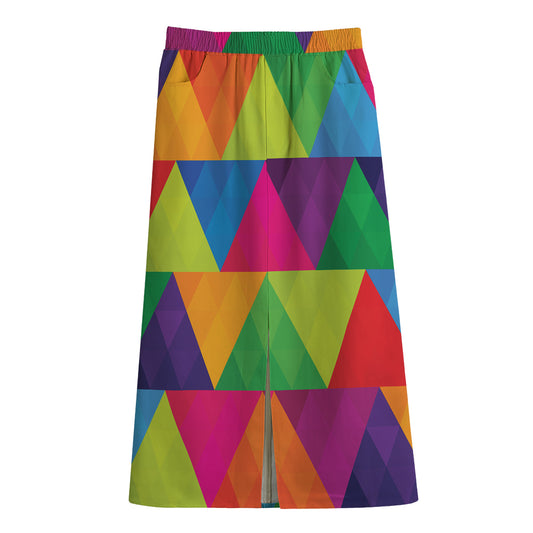 Rainbow Triangles Pattern Print Cotton Front Slit Maxi Skirt