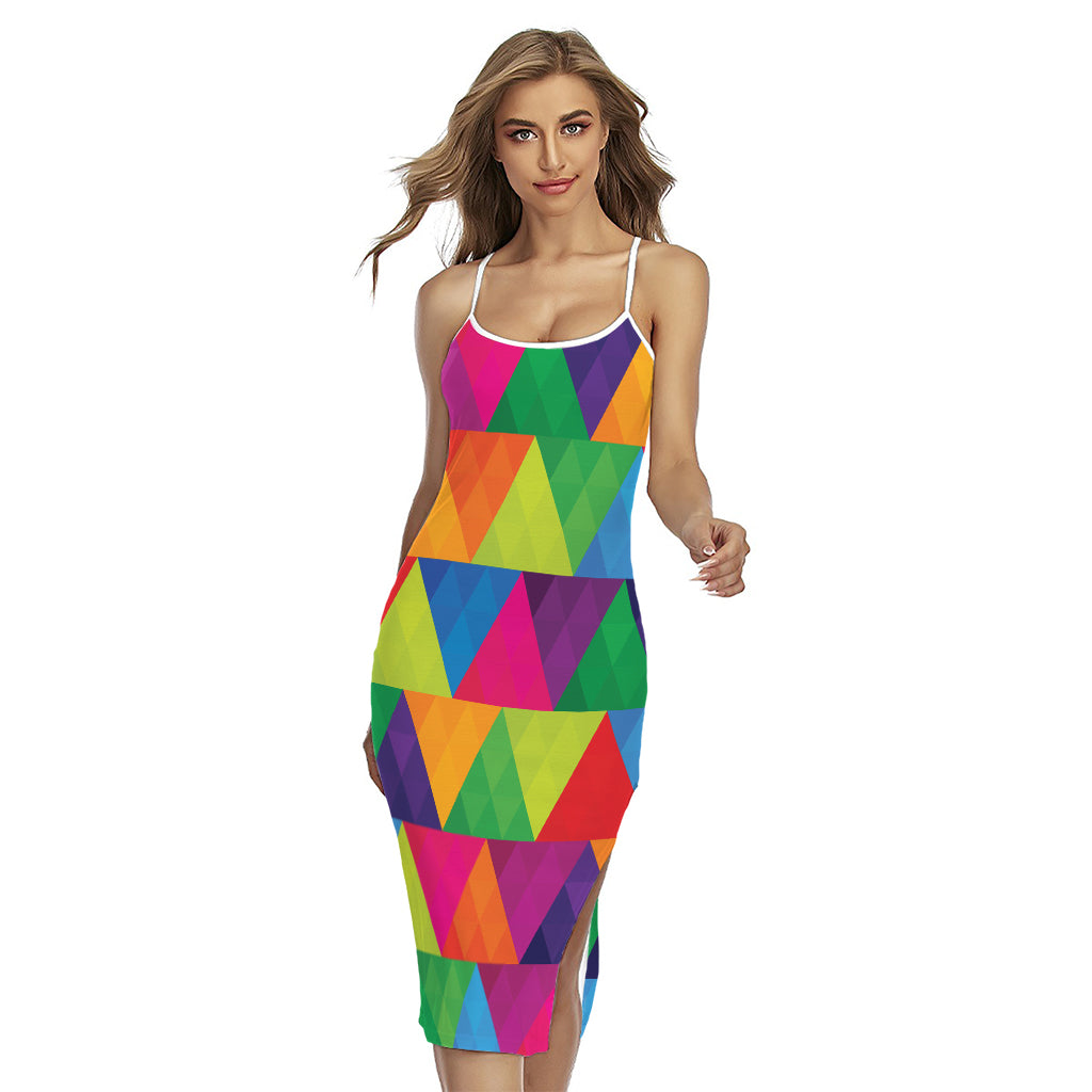 Rainbow Triangles Pattern Print Cross Back Cami Dress