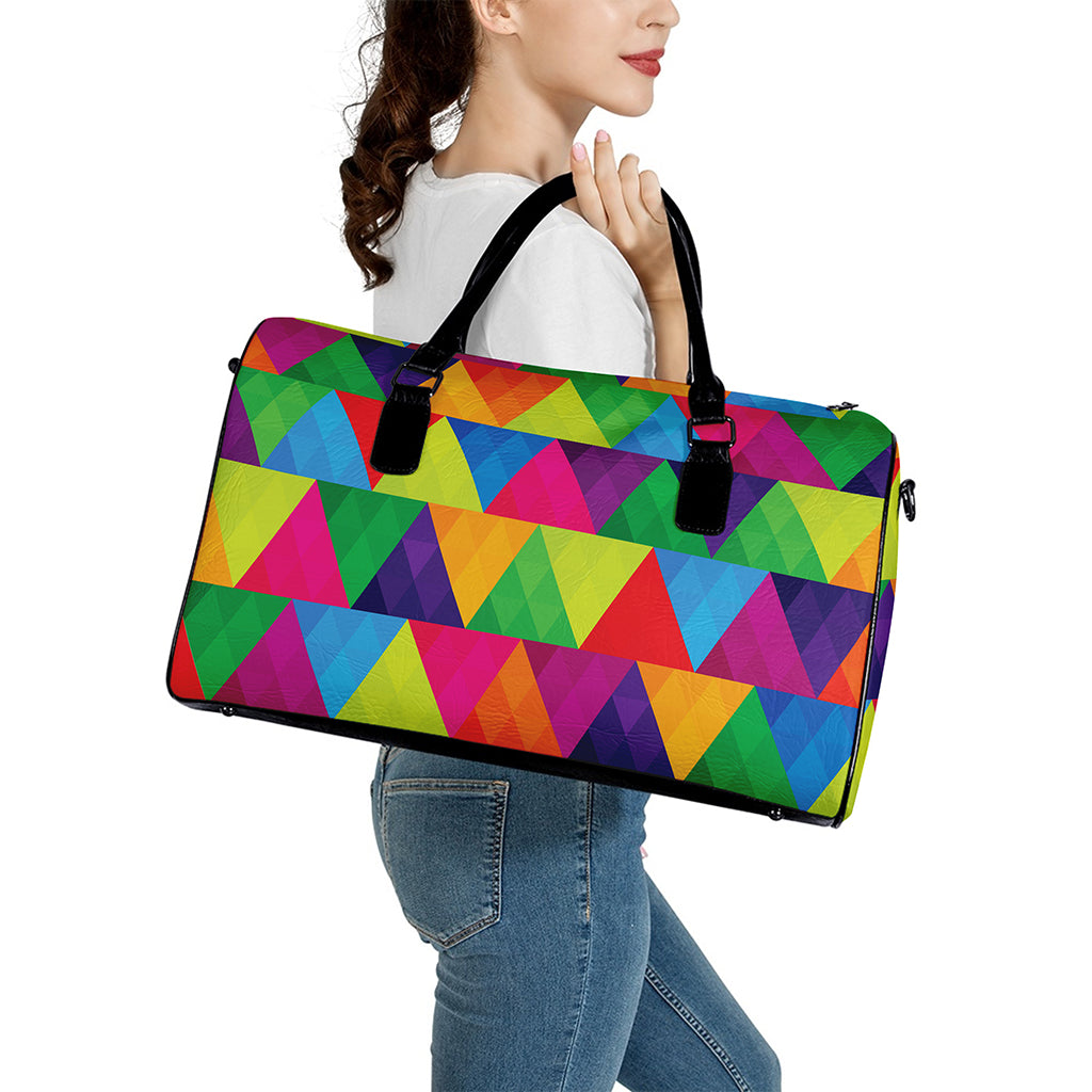 Rainbow Triangles Pattern Print Leather Duffle Bag