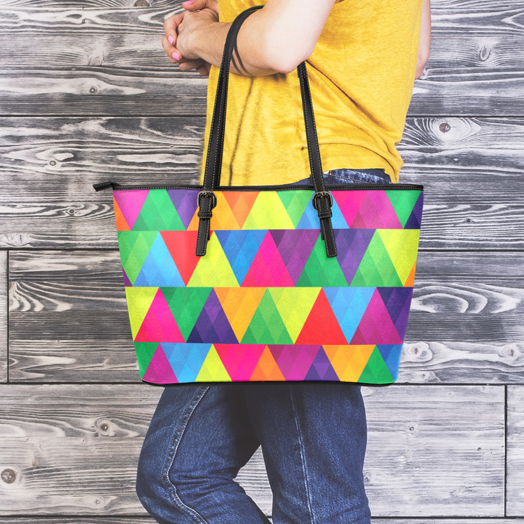 Rainbow Triangles Pattern Print Leather Tote Bag