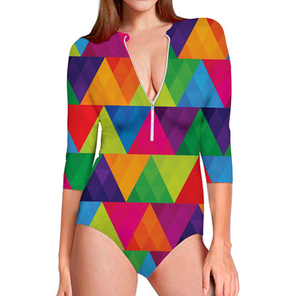 Rainbow Triangles Pattern Print Long Sleeve Swimsuit
