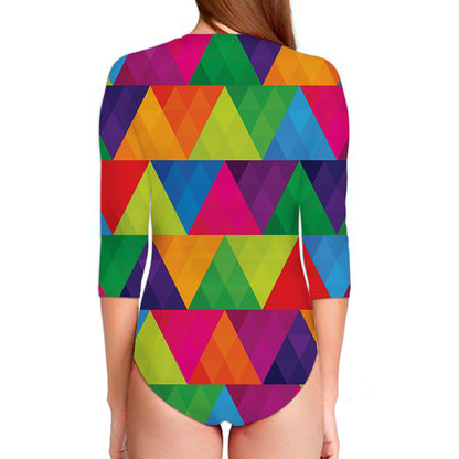 Rainbow Triangles Pattern Print Long Sleeve Swimsuit