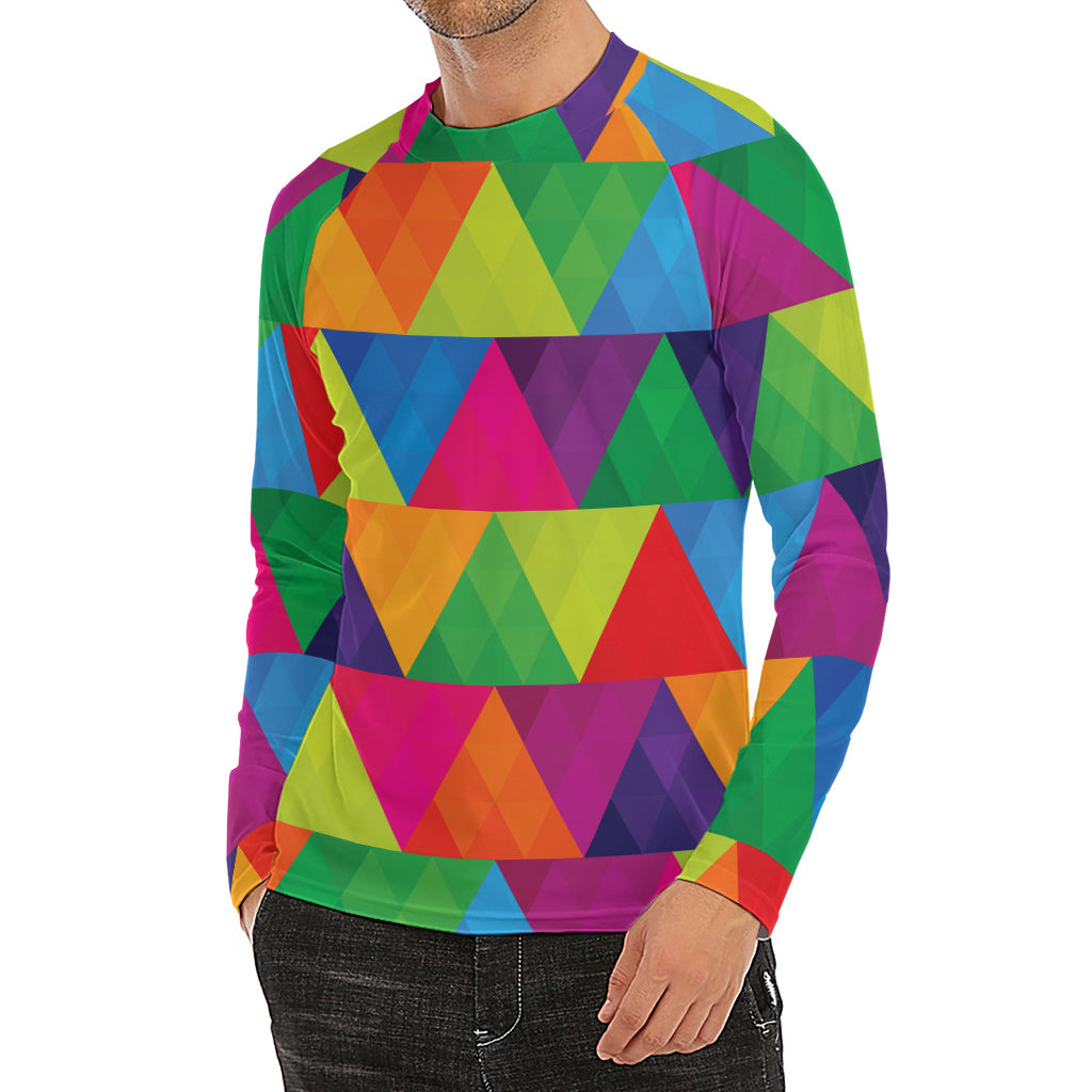 Rainbow Triangles Pattern Print Men's Long Sleeve Rash Guard