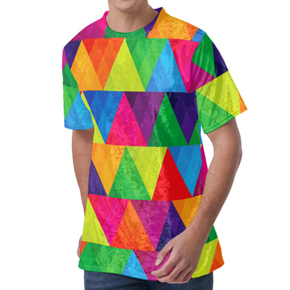 Rainbow Triangles Pattern Print Men's Velvet T-Shirt