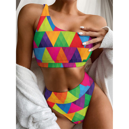 Rainbow Triangles Pattern Print One Shoulder Bikini Top