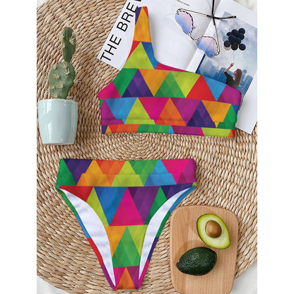 Rainbow Triangles Pattern Print One Shoulder Bikini Top