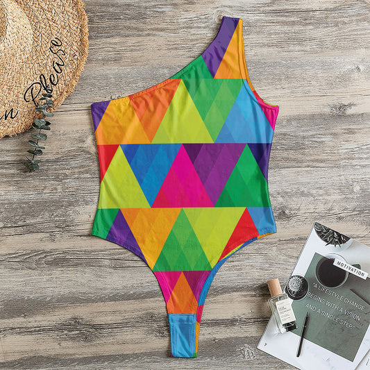 Rainbow Triangles Pattern Print One Shoulder Bodysuit