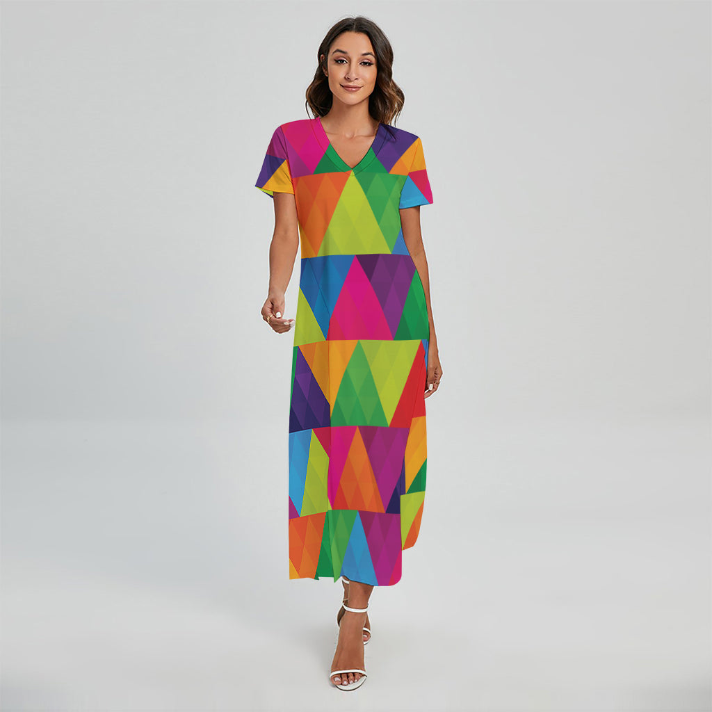 Rainbow Triangles Pattern Print Short Sleeve Maxi Dress