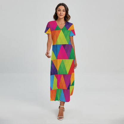 Rainbow Triangles Pattern Print Short Sleeve Maxi Dress