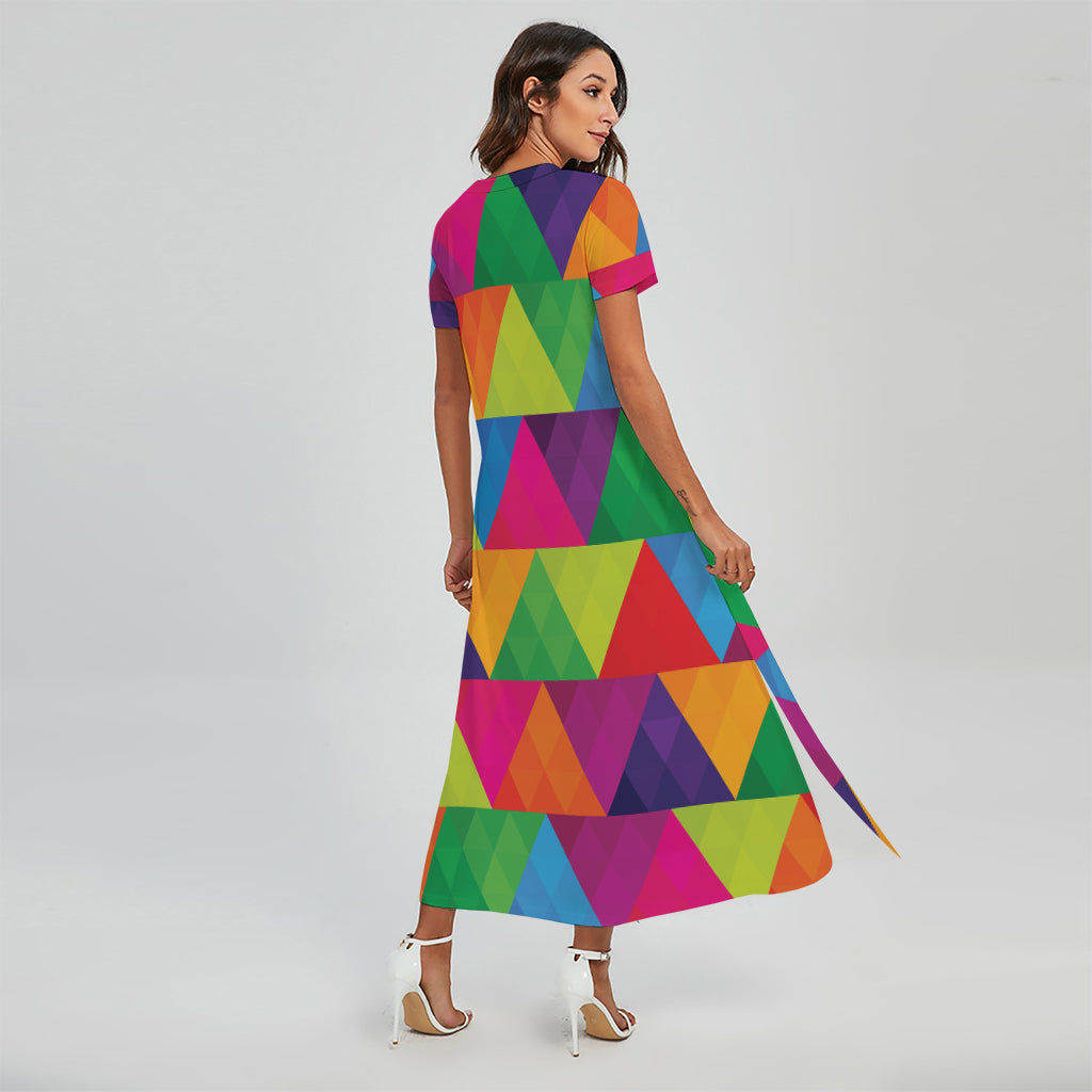 Rainbow Triangles Pattern Print Short Sleeve Maxi Dress