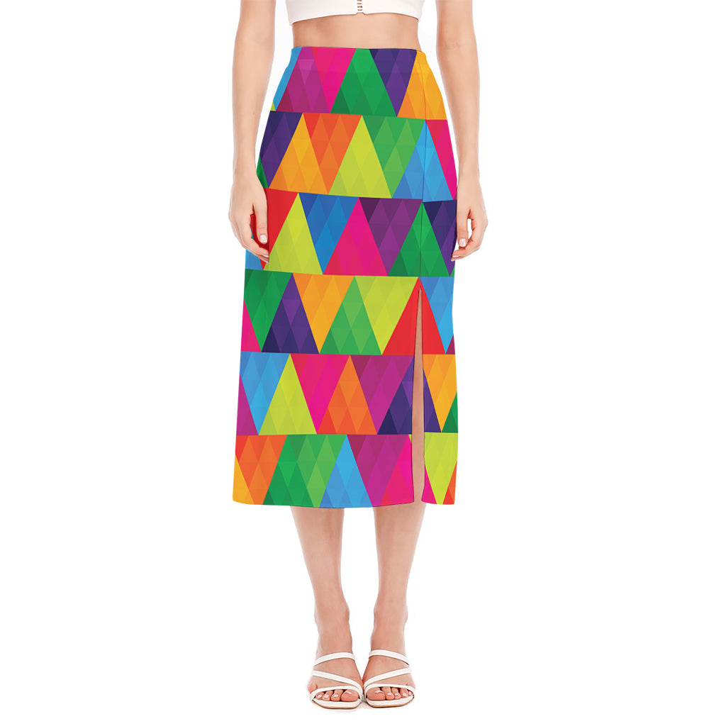 Rainbow Triangles Pattern Print Side Slit Midi Skirt