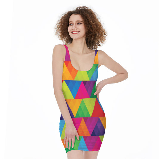 Rainbow Triangles Pattern Print Sleeveless Bodycon Dress