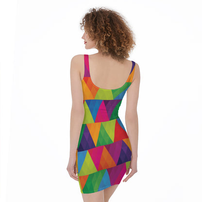 Rainbow Triangles Pattern Print Sleeveless Bodycon Dress