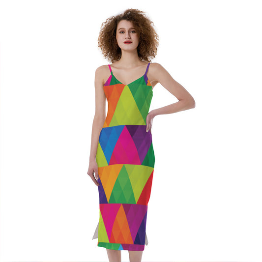 Rainbow Triangles Pattern Print Slim Fit Midi Cami Dress