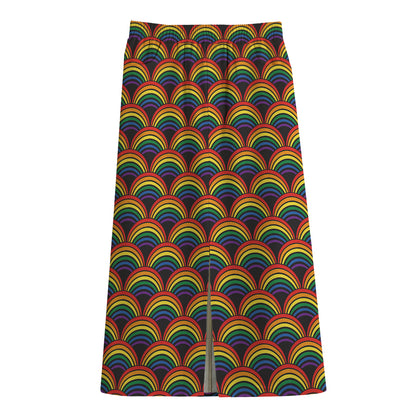 Rainbow Wave Pattern Print Cotton Front Slit Maxi Skirt