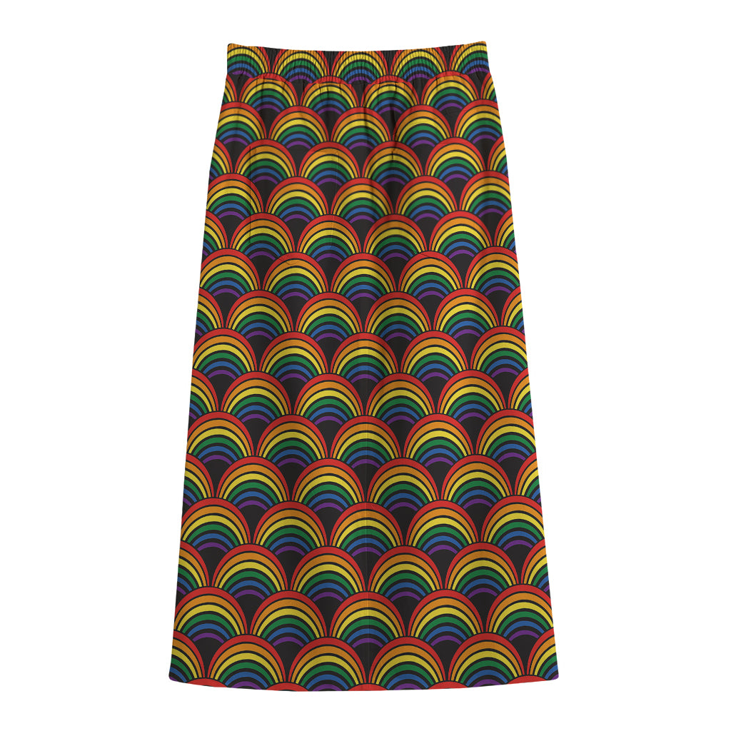 Rainbow Wave Pattern Print Cotton Front Slit Maxi Skirt