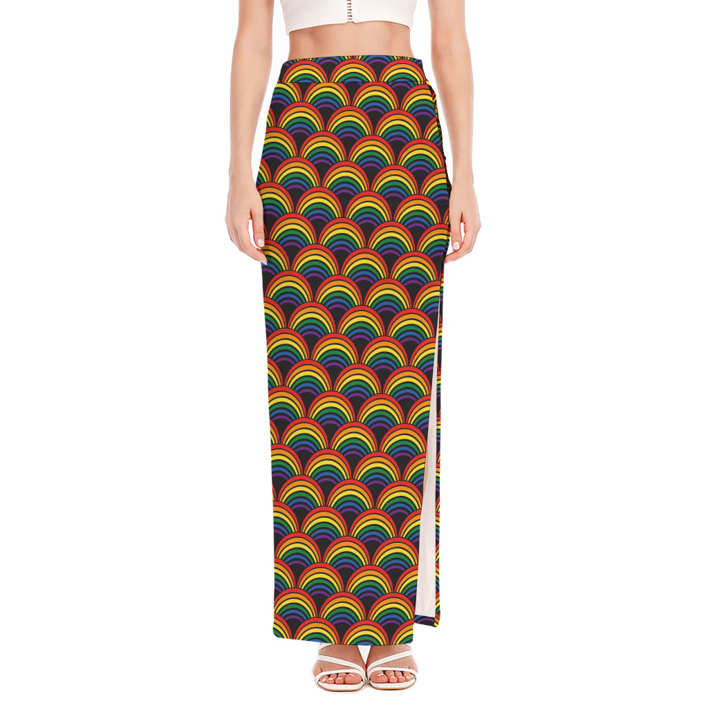 Rainbow Wave Pattern Print High Slit Maxi Skirt
