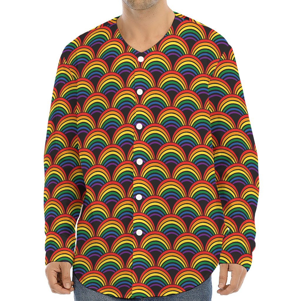 Rainbow Wave Pattern Print Long Sleeve Baseball Jersey