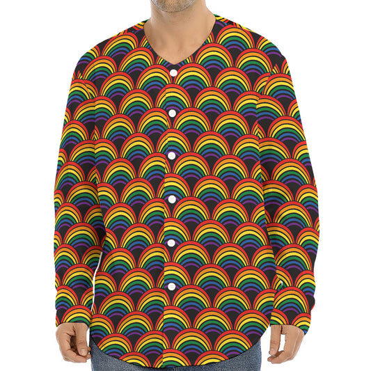 Rainbow Wave Pattern Print Long Sleeve Baseball Jersey