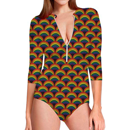Rainbow Wave Pattern Print Long Sleeve Swimsuit
