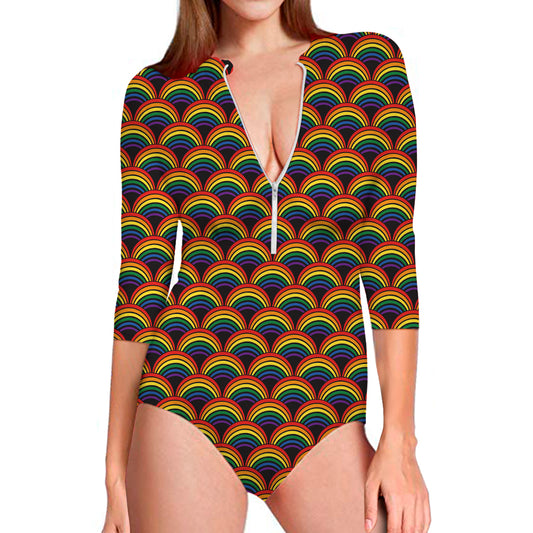 Rainbow Wave Pattern Print Long Sleeve Swimsuit