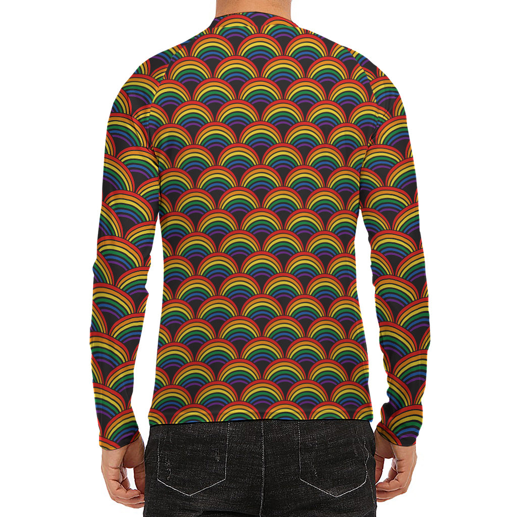 Rainbow Wave Pattern Print Men's Long Sleeve Rash Guard