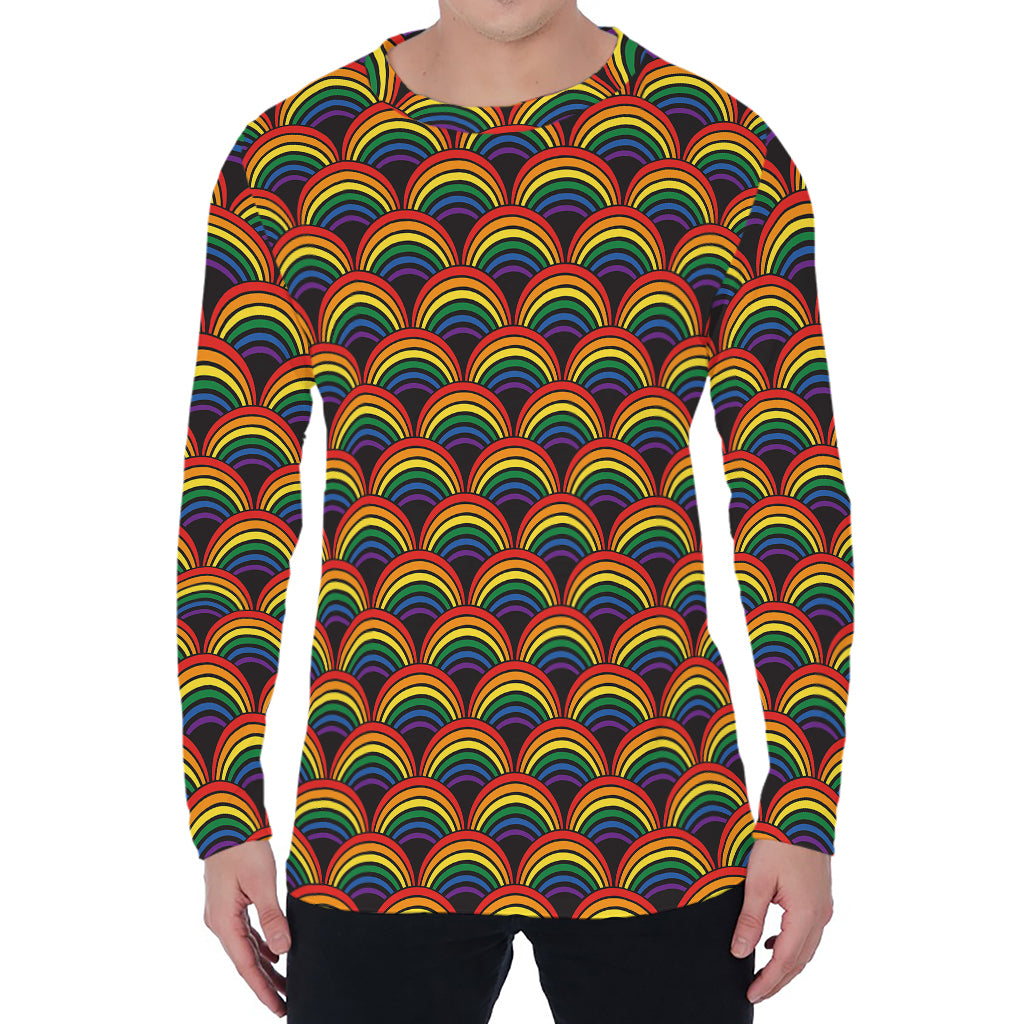 Rainbow Wave Pattern Print Men's Long Sleeve T-Shirt