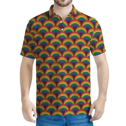Rainbow Wave Pattern Print Men's Polo Shirt