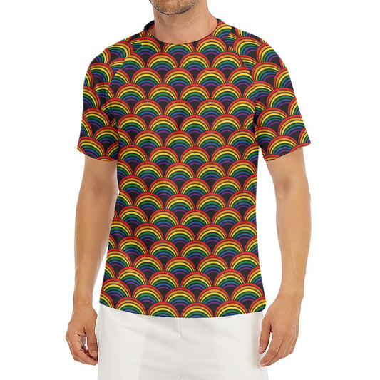 Rainbow Wave Pattern Print Men's Short Sleeve Rash Guard