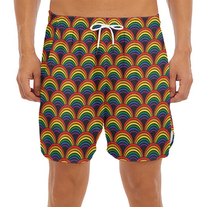 Rainbow Wave Pattern Print Men's Split Running Shorts